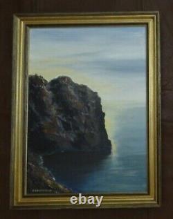 Ancien tableau huile paysage marine falaises bord de mer crépuscule Signe