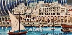 Ancien tableau huile paysage marine port voiliers bateaux figuratif symbolisme