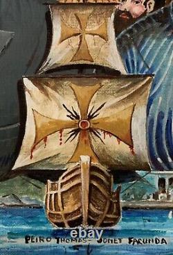 Ancien tableau huile paysage marine port voiliers bateaux figuratif symbolisme