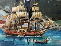 Ancien tableau huile paysage marine port voiliers bateaux portraits réalisme