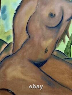 Ancien tableau huile portrait femme nu sein Sensualité fauvisme signé