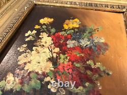 Ancien tableau huile sur bois bouquet de fleurs dans cadre en bois et plâtre