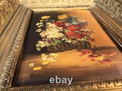 Ancien tableau huile sur bois bouquet de fleurs dans cadre en bois et plâtre