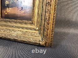 Ancien tableau huile sur bois bouquet de fleurs dans cadre en bois et plâtre