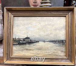 Ancien tableau huile sur bois la seine avant paris paysage de neige bateau