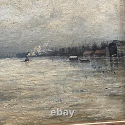 Ancien tableau huile sur bois la seine avant paris paysage de neige bateau
