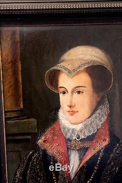 Ancien tableau huile sur bois portrait dame de cour à la renaissance XIX siècle