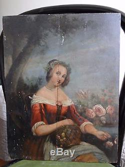Ancien tableau huile sur bois, portrait femme