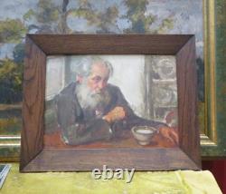 Ancien tableau huile sur carton vieil homme a la soupe par abougit portrait