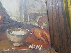 Ancien tableau huile sur carton vieil homme a la soupe par abougit portrait