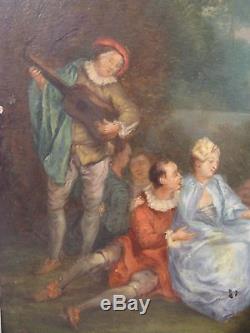 Ancien tableau huile sur cuivre dans le goût de Watteau époque XIX ème siècle