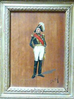 Ancien tableau huile sur panneau portrait de militaire, signé Darling, XIX