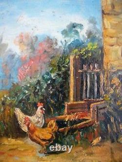 Ancien tableau huile sur panneau poules F. DECLÉRY XXème Ecole française coté