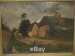 Ancien tableau huile sur toile 19 eme scene villageoise animée barbizon paysage