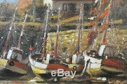Ancien tableau huile sur toile Marine Bateaux à quai signé XXème
