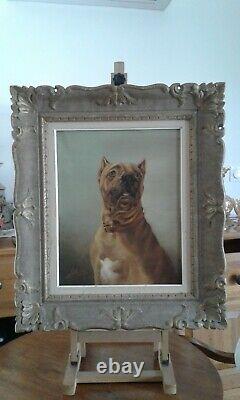 Ancien tableau huile sur toile. Portrait chien. Signé