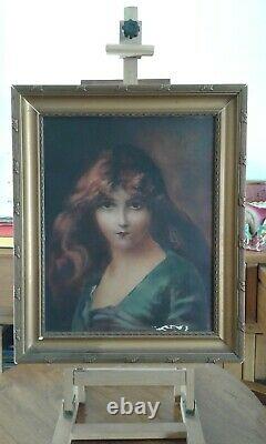 Ancien tableau huile sur toile. Portrait jeune femme à la chevelure rousse. 1900