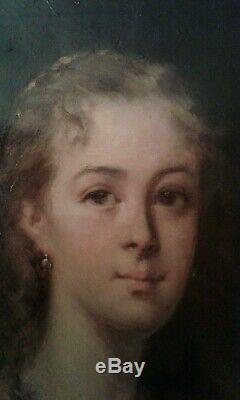 Ancien tableau huile sur toile. Portrait jolie jeune femme 19ème