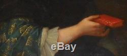 Ancien tableau huile sur toile XVIII e portrait femme au livre royauté noblesse