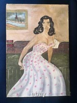 Ancien tableau huile sur toile d'une femme en robe à identifier