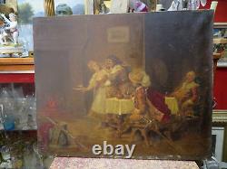 Ancien tableau huile sur toile epoque XIXe scene de taverne mousquetaire galante