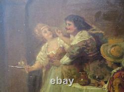 Ancien tableau huile sur toile epoque XIXe scene de taverne mousquetaire galante