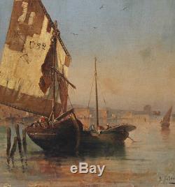 Ancien tableau huile sur toile marine a venise italie signé XIXe Italy painting