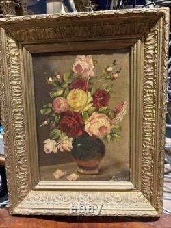 Ancien tableau huile sur toile nature morte bouquet de fleurs signé