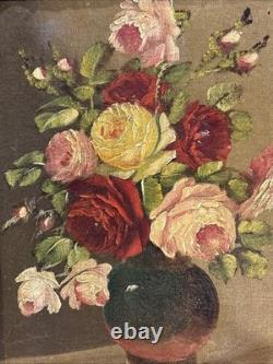 Ancien tableau huile sur toile nature morte bouquet de fleurs signé
