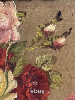 Ancien tableau huile sur toile nature morte bouquet de fleurs signé