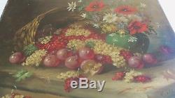Ancien tableau huile sur toile nature morte panier de fruits et fleurs signé