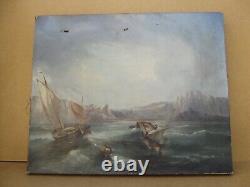 Ancien tableau huile sur toile paysage bateaux marins sur la cote tempéte XIX 1