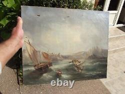 Ancien tableau huile sur toile paysage bateaux marins sur la cote tempéte XIX 1