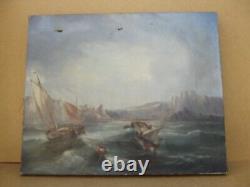 Ancien tableau huile sur toile paysage bateaux marins sur la cote tempéte XIX 1