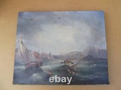 Ancien tableau huile sur toile paysage bateaux marins sur la cote tempéte XIX 1