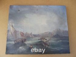 Ancien tableau huile sur toile paysage bateaux marins sur la cote tempéte XIX 1