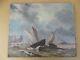 Ancien tableau huile sur toile paysage bateaux marins sur la cote tempéte XIX 2