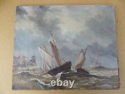 Ancien tableau huile sur toile paysage bateaux marins sur la cote tempéte XIX 2