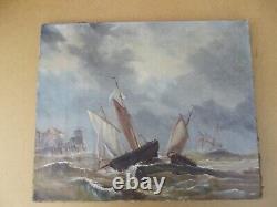 Ancien tableau huile sur toile paysage bateaux marins sur la cote tempéte XIX 2