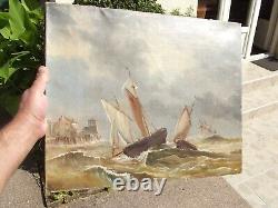 Ancien tableau huile sur toile paysage bateaux marins sur la cote tempéte XIX 2