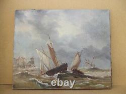 Ancien tableau huile sur toile paysage bateaux marins sur la cote tempéte XIX 2
