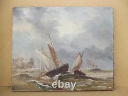 Ancien tableau huile sur toile paysage bateaux marins sur la cote tempéte XIX 2