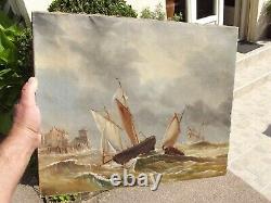 Ancien tableau huile sur toile paysage bateaux marins sur la cote tempéte XIX 2