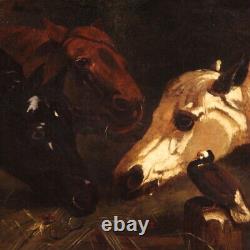 Ancien tableau huile sur toile peinture chevaux animaux écurie 19ème siècle 800