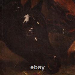 Ancien tableau huile sur toile peinture chevaux animaux écurie 19ème siècle 800