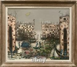 Ancien tableau huile sur toile peinture paysage canal de Venise gondole J. RAITO