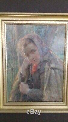 Ancien tableau huile sur toile portrait jeune bergère. Signé Severin Duole 19e