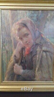 Ancien tableau huile sur toile portrait jeune bergère. Signé Severin Duole 19e