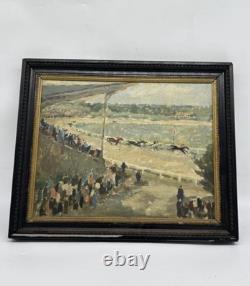 Ancien tableau huile sur toile signé Grosdidier Scène de course hippique Cad
