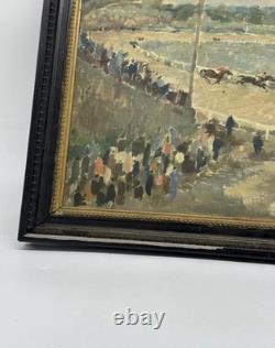 Ancien tableau huile sur toile signé Grosdidier Scène de course hippique Cad